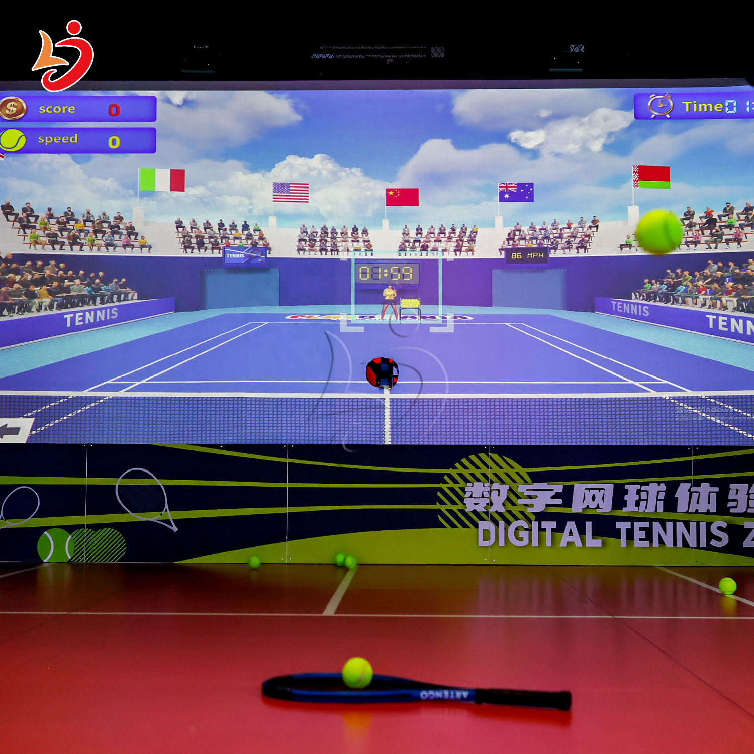 High-end commercial tennis simulator setup with digital screens